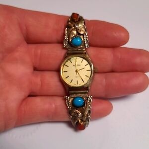 Native American Navajo Turquoise Red Coral Silver Gold Watch Tips Vintage